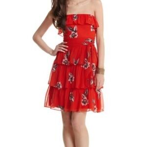 White House Black Market strapless red floral ruffled dress w/ sash, size 10